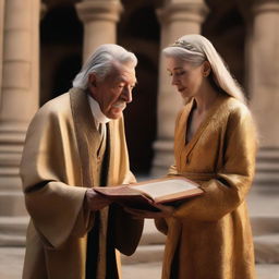 Ian McKellen, dressed in robes and attire from an ancient civilization, is handing a golden glowing book to Anya Taylor-Joy