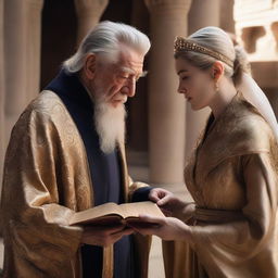 Ian McKellen, dressed in robes and attire from an ancient civilization, is handing a golden glowing book to Anya Taylor-Joy