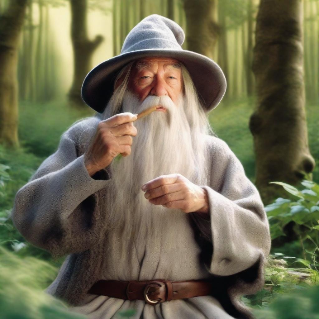 Gandalf the Grey, from the Lord of the Rings, is depicted in a relaxed manner, smoking a pipe