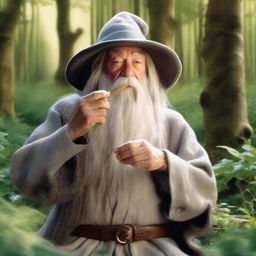 Gandalf the Grey, from the Lord of the Rings, is depicted in a relaxed manner, smoking a pipe