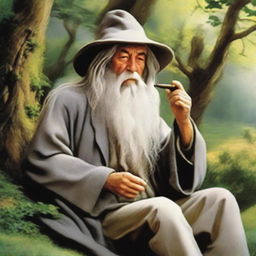 Gandalf the Grey, from the Lord of the Rings, is depicted in a relaxed manner, smoking a pipe