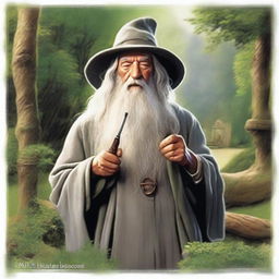 Gandalf the Grey, from the Lord of the Rings, is depicted in a relaxed manner, smoking a pipe