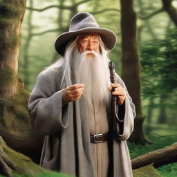 Gandalf the Grey, from the Lord of the Rings, is depicted in a relaxed manner, smoking a pipe