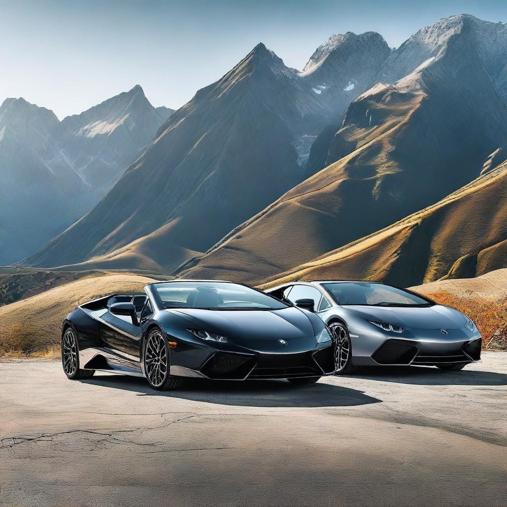 A high-quality image featuring a BMW and a Lamborghini parked side by side on a scenic road