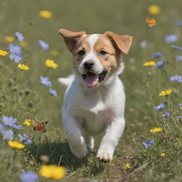 Generate an image of a playful puppy chasing butterflies in a sun-soaked meadow filled with colorful wildflowers.