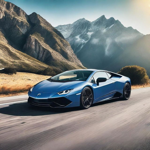 A high-quality image featuring a BMW and a Lamborghini parked side by side on a scenic road