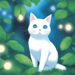 A charming white cat with striking blue eyes, depicted in the whimsical and magical style of Studio Ghibli