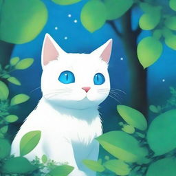 A charming white cat with striking blue eyes, depicted in the whimsical and magical style of Studio Ghibli