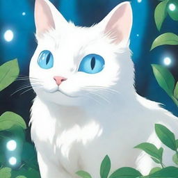 A charming white cat with striking blue eyes, depicted in the whimsical and magical style of Studio Ghibli