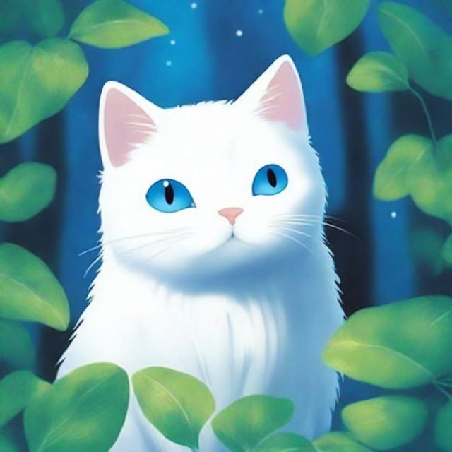 A charming white cat with striking blue eyes, depicted in the whimsical and magical style of Studio Ghibli