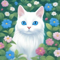 A beautiful Siberian white cat with striking blue eyes playing in a lush, whimsical garden