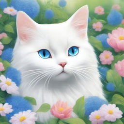 A beautiful Siberian white cat with striking blue eyes playing in a lush, whimsical garden