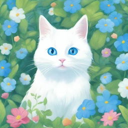 A beautiful Siberian white cat with striking blue eyes playing in a lush, whimsical garden