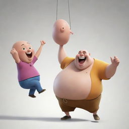 A youthful, slim cartoon character lively swinging around an older, obese, and bald cartoon character, capturing the dynamic interaction between the two.