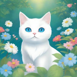 A beautiful Siberian white cat with striking blue eyes playing in a lush, whimsical garden