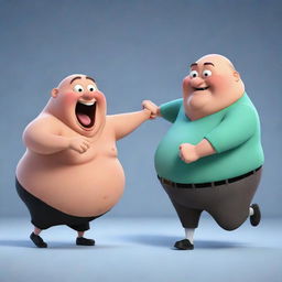 A youthful, slim cartoon character lively swinging around an older, obese, and bald cartoon character, capturing the dynamic interaction between the two.