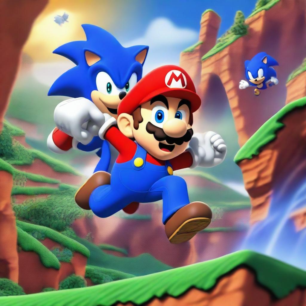 Mario from 'Super Mario Bros' being saved by Sonic the Hedgehog in an action-packed scene