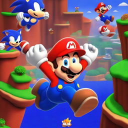 Mario from 'Super Mario Bros' being saved by Sonic the Hedgehog in an action-packed scene