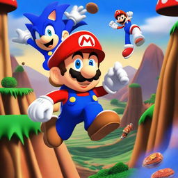 Mario from 'Super Mario Bros' being saved by Sonic the Hedgehog in an action-packed scene