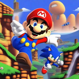 Mario from 'Super Mario Bros' being saved by Sonic the Hedgehog in an action-packed scene