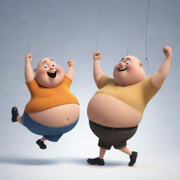 A youthful, slim cartoon character lively swinging around an older, obese, and bald cartoon character, capturing the dynamic interaction between the two.