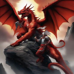 Illustrate an epic scene with a victorious warrior sitting atop a giant and fearsome dragon