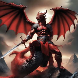 Illustrate an epic scene with a victorious warrior sitting atop a giant and fearsome dragon