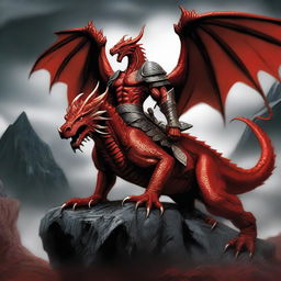 Illustrate a human warrior sitting atop a terrifying and fearsome red dragon that has been killed and defeated by the warrior