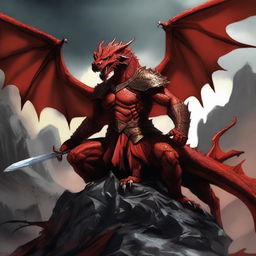 Illustrate a human warrior sitting atop a terrifying and fearsome red dragon that has been killed and defeated by the warrior