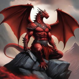 Illustrate a human warrior sitting atop a terrifying and fearsome red dragon that has been killed and defeated by the warrior