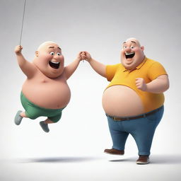 A youthful, slim cartoon character lively swinging around an older, obese, and bald cartoon character, capturing the dynamic interaction between the two.