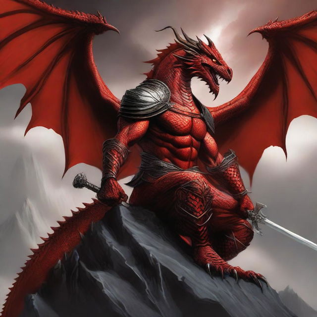 Illustrate a human warrior sitting atop a terrifying and fearsome red dragon that has been killed and defeated by the warrior