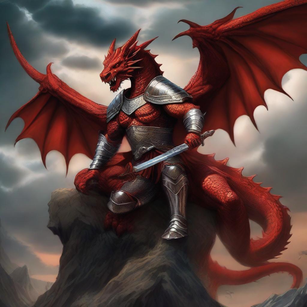 Illustrate an epic scene with a victorious warrior sitting atop a giant, terrifying red dragon