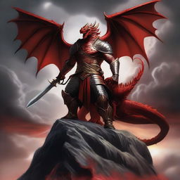 Illustrate an epic scene with a victorious warrior sitting atop a giant, terrifying red dragon