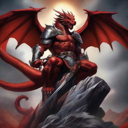 Illustrate an epic scene with a victorious warrior sitting atop a giant, terrifying red dragon