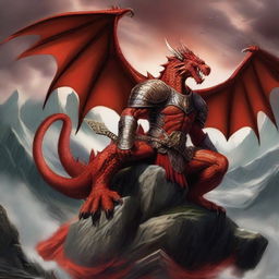 Illustrate an epic scene with a victorious warrior sitting atop a giant, terrifying red dragon