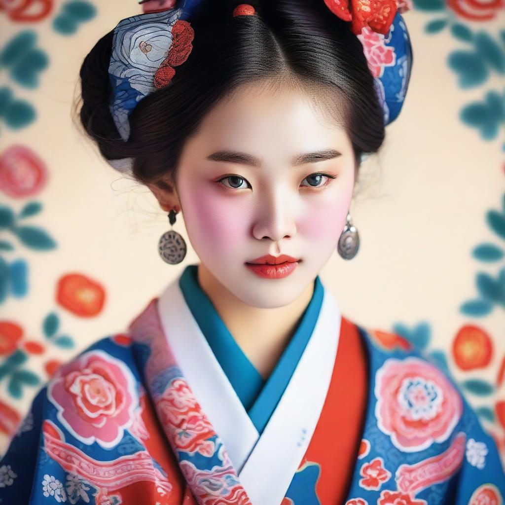 A detailed portrait of a young Korean girl with traditional clothing, featuring intricate patterns and vibrant colors