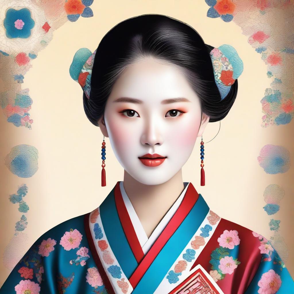 A detailed portrait of a young Korean girl with traditional clothing, featuring intricate patterns and vibrant colors