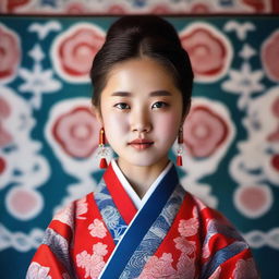 A detailed portrait of a young Korean girl with traditional clothing, featuring intricate patterns and vibrant colors