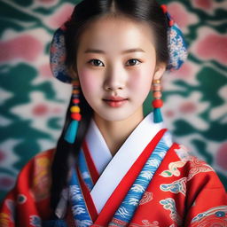 A detailed portrait of a young Korean girl with traditional clothing, featuring intricate patterns and vibrant colors