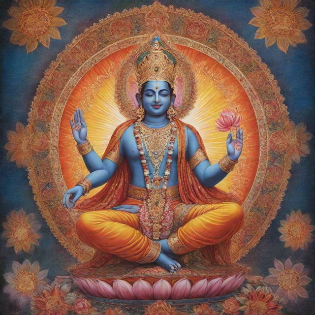 A detailed and colorful representation of a Hindu god, emanating a radiant aura, adorned with traditional Hindu ornaments and robes.