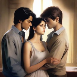 An emotional scene depicting a love triangle, with three characters showing deep emotions of love, confusion, and heartbreak