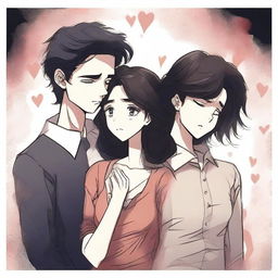 An emotional scene depicting a love triangle, with three characters showing deep emotions of love, confusion, and heartbreak