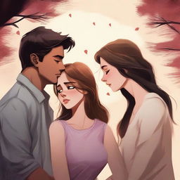 An emotional scene depicting a love triangle, with three characters showing deep emotions of love, confusion, and heartbreak