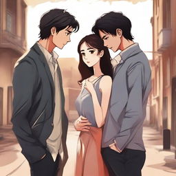 An emotional scene depicting a love triangle, with three characters showing deep emotions of love, confusion, and heartbreak