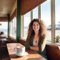 A young woman with natural wavy hair, slim and curvy, sits in a beachside diner booth with a cozy cafe setting