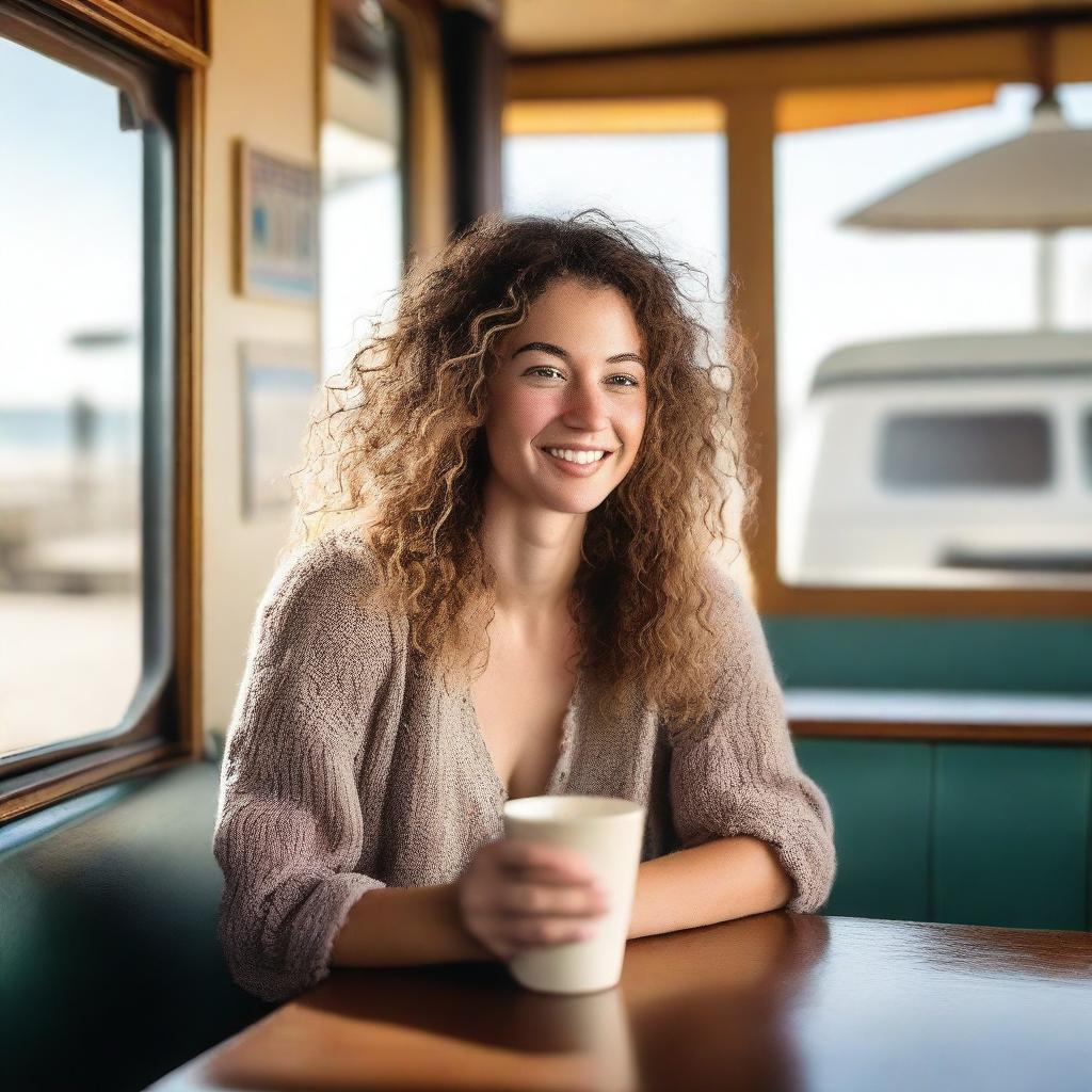 A young woman with natural wavy hair, slim and curvy, sits in a beachside diner booth with a cozy cafe setting