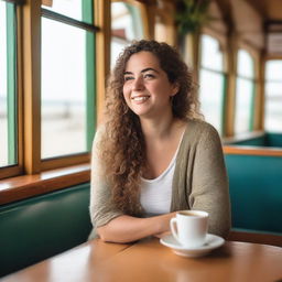 A young woman with natural wavy hair, slim and curvy, sits in a beachside diner booth with a cozy cafe setting