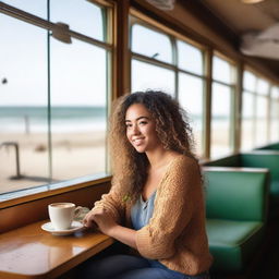 A young woman with natural wavy hair, slim and curvy, sits in a beachside diner booth with a cozy cafe setting