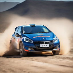 A detailed and dynamic image of a Peugeot 208 Rally4 in action on a dirt track